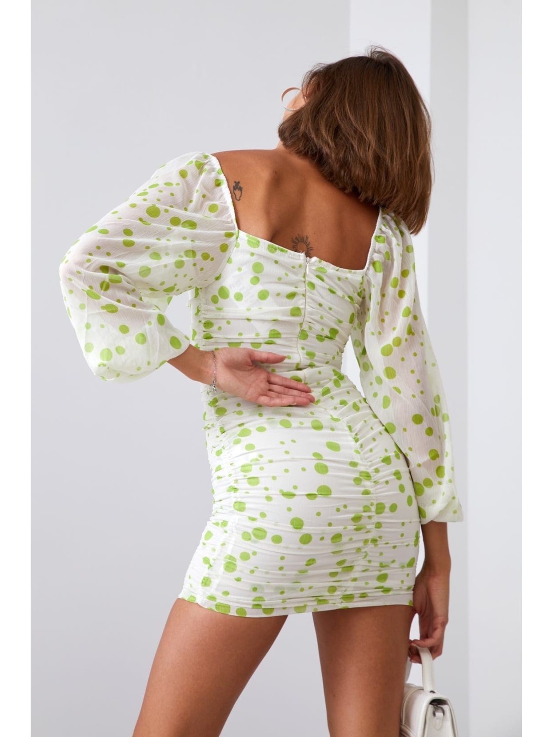 Draped dress with polka dots, cream and lime 2940 - Online store - Boutique